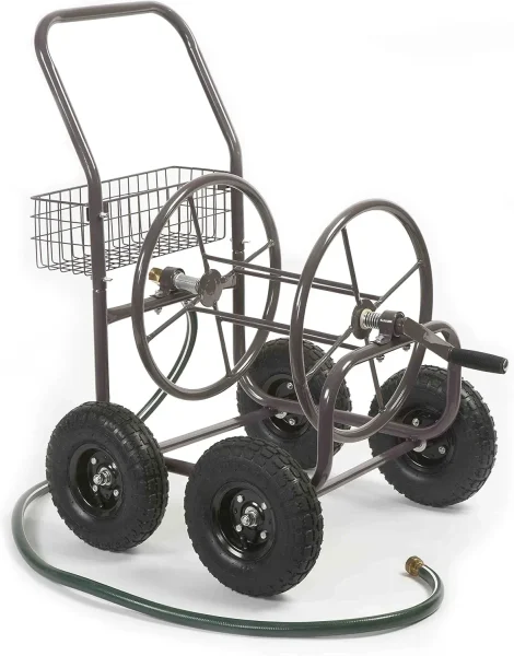 Residential Grade Four Wheel Steel Frame Water Hose Reel Cart With Basket, Brown Bronze - 250 Foot Capacity