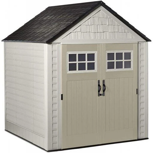 Rubbermaid Resin Outdoor Garden Storage Shed With Windows And Utility Hooks, Sand - 7x7 Ft